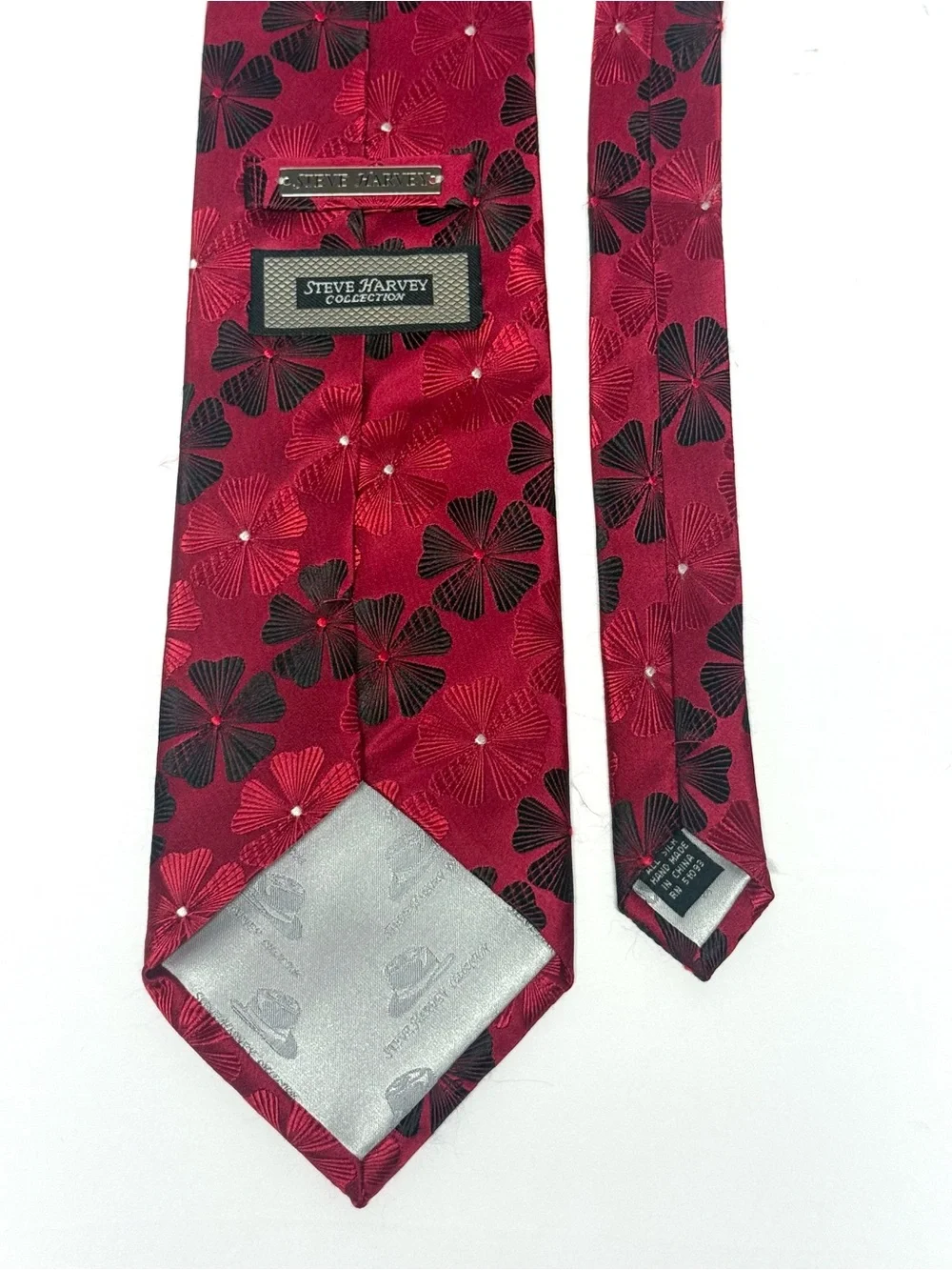 Steve Harvey Collection Silk Tie Red Black Floral Jacquard Y2K Statement Necktie